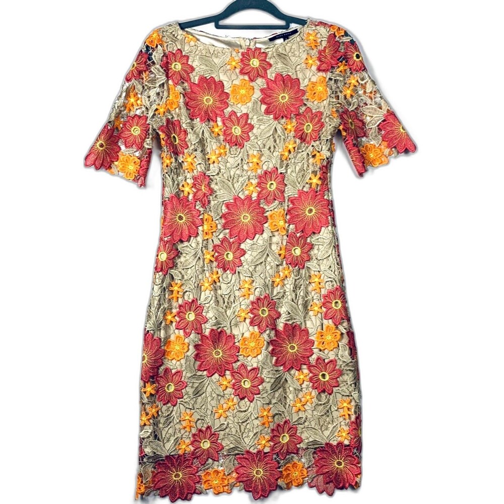 Alex Marie Dress Womens 4 Crochet Floral Embroidered Fully Lined Short Sleeve